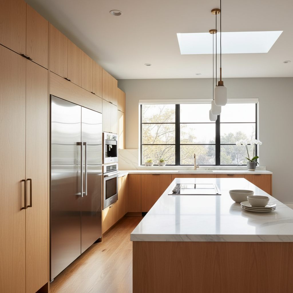 Bright upscale kitchen with integrated refrigerator and wall oven